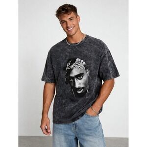 Topman 2Pac Tupac Shakur Acid Wash Graphic T-Shirt Mens L Gray Hip Hop Tee
